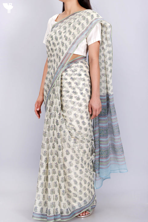 Kota Doria Saree In Floral Block Print